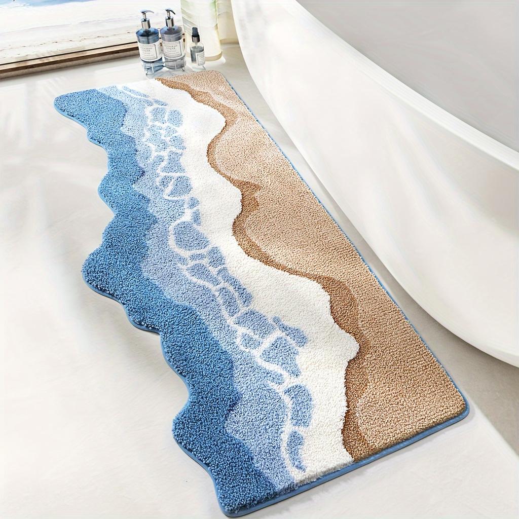 1pc Dajang Plush Bath Mat - Non-Slip, Absorbent, Machine Washable Polyester Bath Mat with Ocean Wave Design, Blue & White,Perfect for Bathroom,Toilet