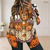 Women Plus Size Square Neck Long Sleeve Faux Two Piece Printed T Shirt Halloween Teddy Bear Pumpkin White