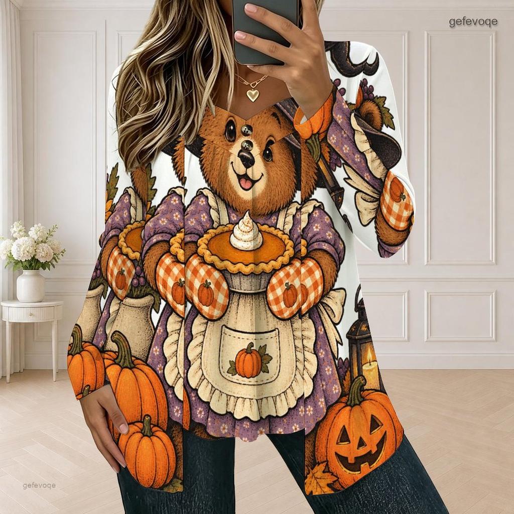 Women Plus Size Square Neck Long Sleeve Faux Two Piece Printed T Shirt Halloween Teddy Bear Pumpkin White