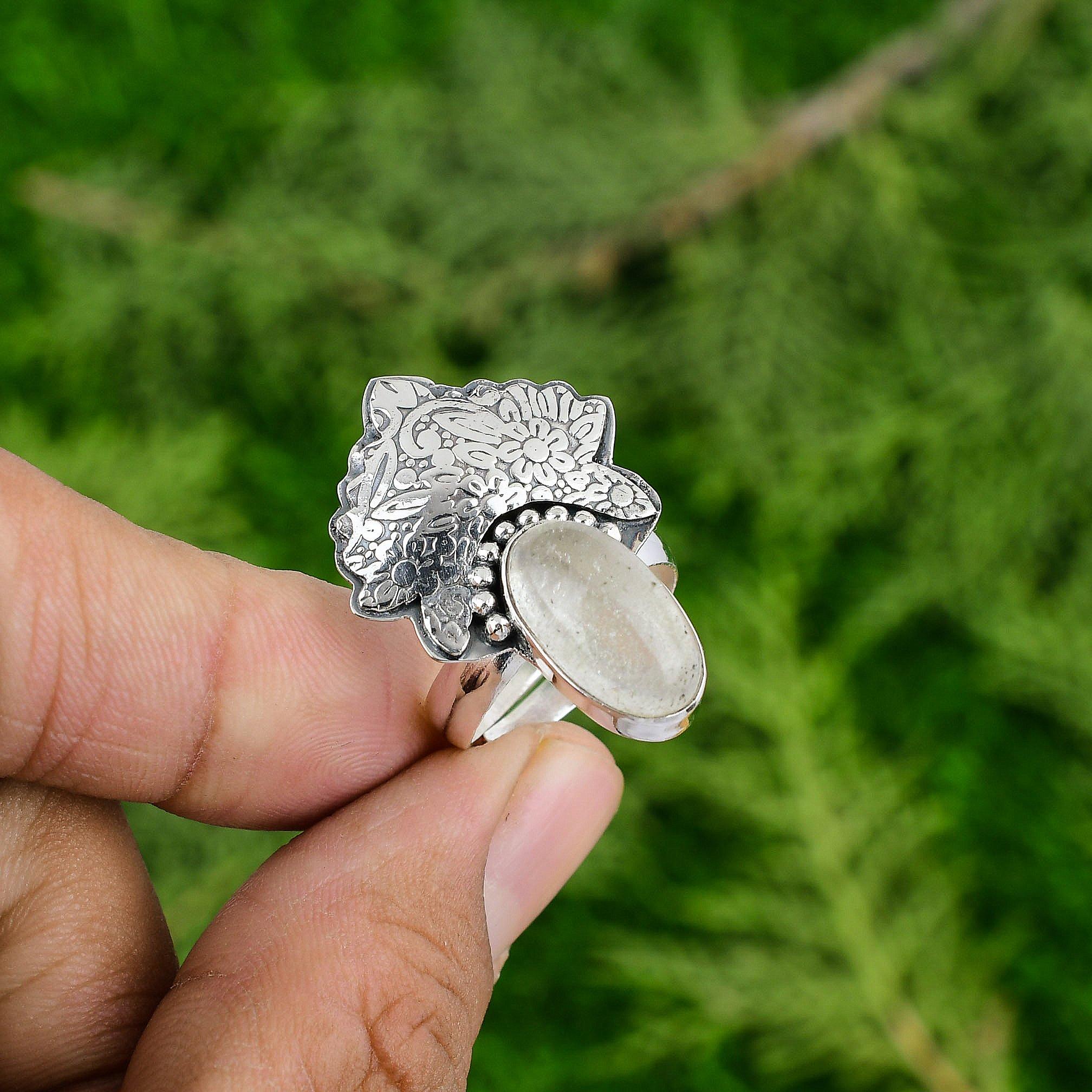 

Natural Moonstone Engagement Handmade Statement Stackable Ring Sterling Silver Adjustable