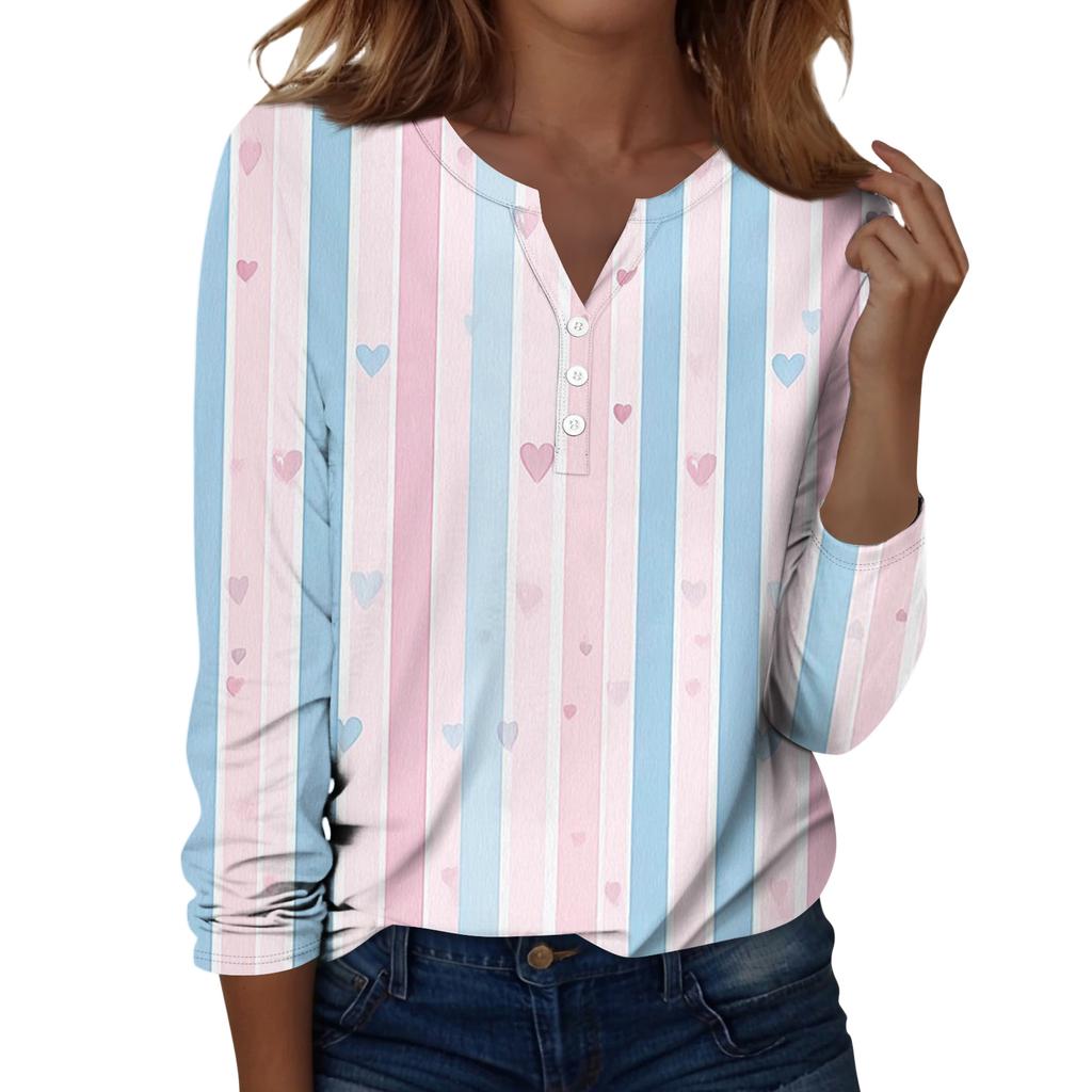 Damen T-Shirt mit Weihnachtsdruck, Knopfleiste, lange Ärmel, für den Alltag, Wochenende, modisch, Basic, V-Ausschnitt, normales Oberteil