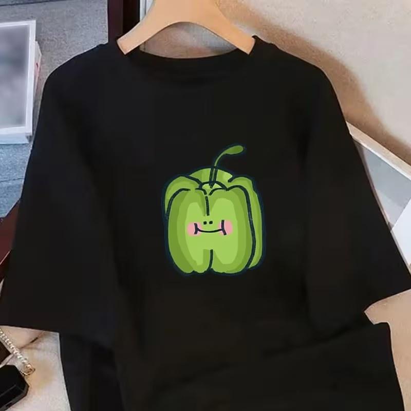 Cute Korean Style Green Bell Pepper Print T-Shirt Women Sweet Cartoon Graphic Tee Short Sleeve Tshirt Tops