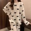 Women Warm Sleepwear for Winter Coral Velvet Bow Bow Padded Loungewear Sets Easy To Clean School Long Sleeve Square Pajamas