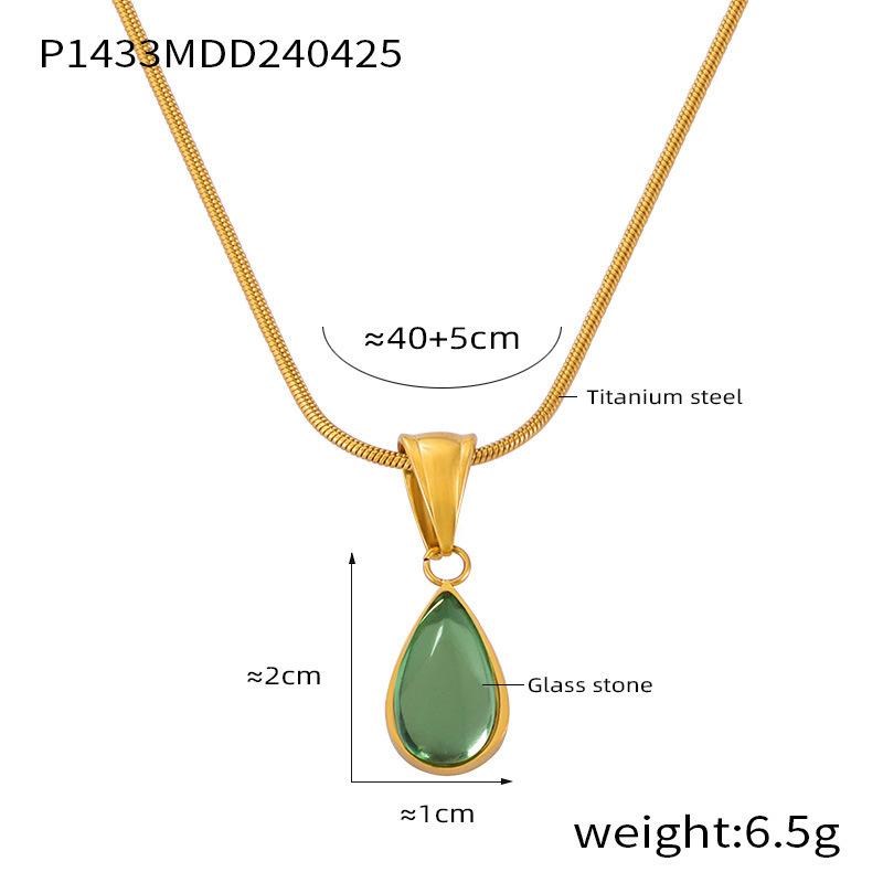 French Fashion Retro Niche Love Design Holiday Feng Shui Drop Glass Stone Pendant Titanium Steel Gold-Plated Necklace Jewelry