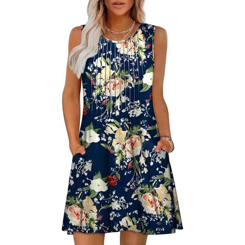 Dámské strečové bezrukávové šaty s potiskem a kapsou s kulatým výstřihem