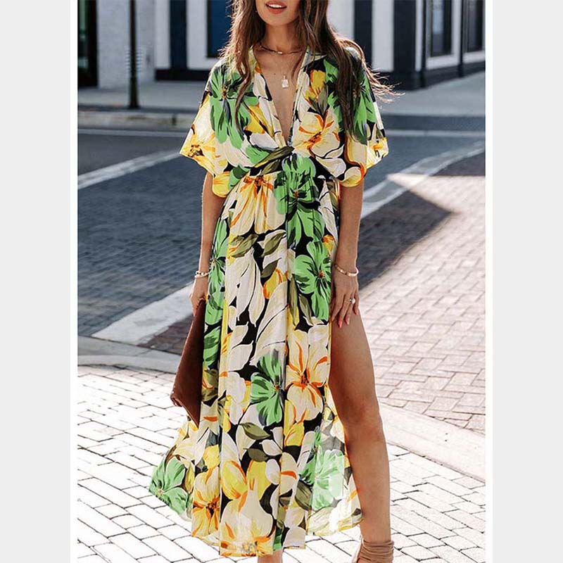 

Летнее платье с цветочным принтом для женщин, элегантное 2023, свободные вечерние праздничные длинные платья с рукавами «летучая мышь» XL жёлтый