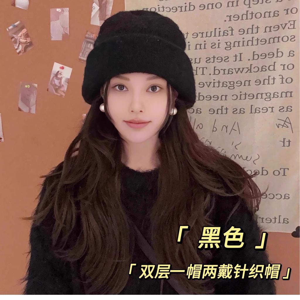 One Hat And Two Wool-Blend Knitted Hats For Women'S Warm Double-Layer Thickened Wool Hats, Big Head Circumference Stacking Hats