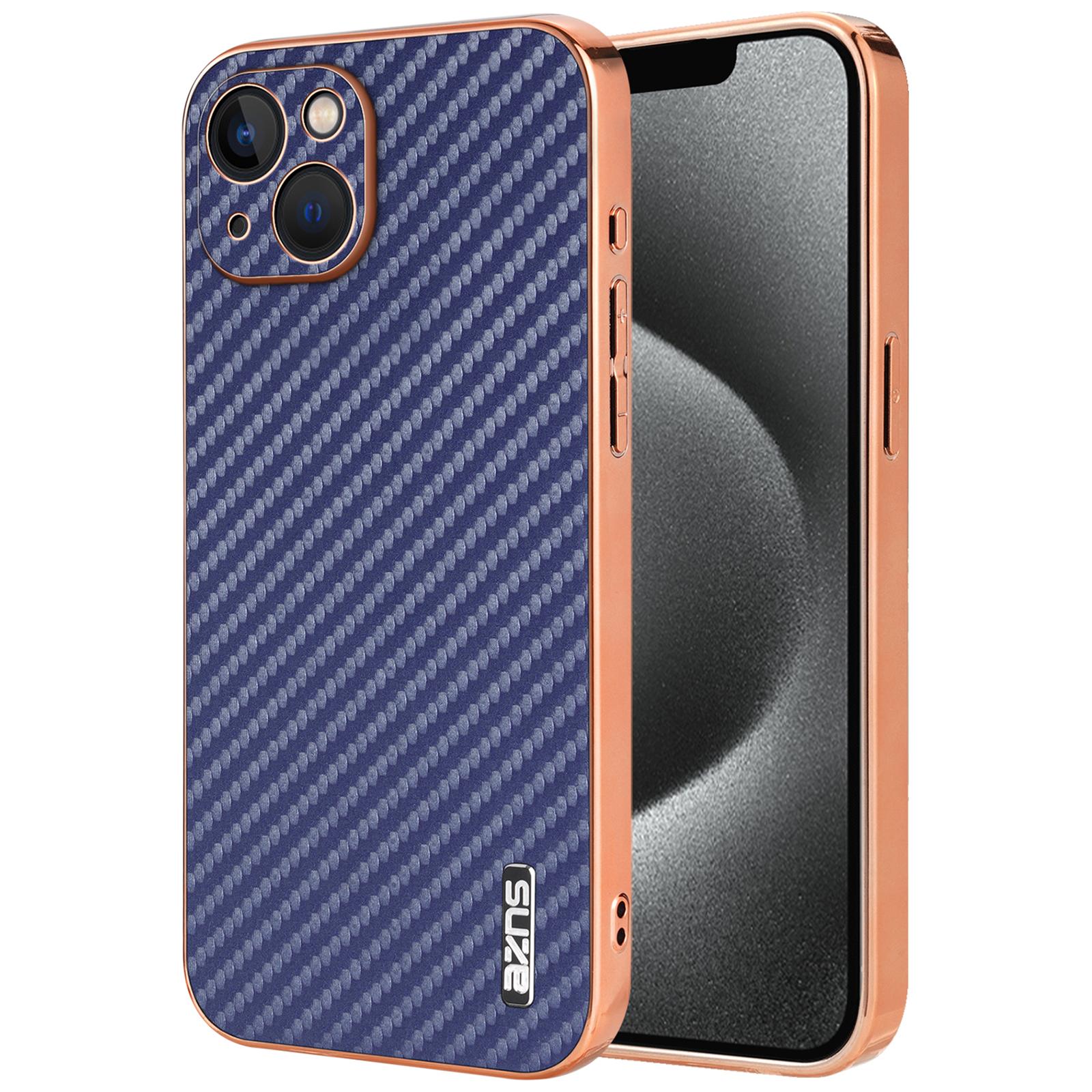 

AZNS For iPhone 13 Case Electroplating Carbon Fiber Texture PU+TPU Phone Cover Blue