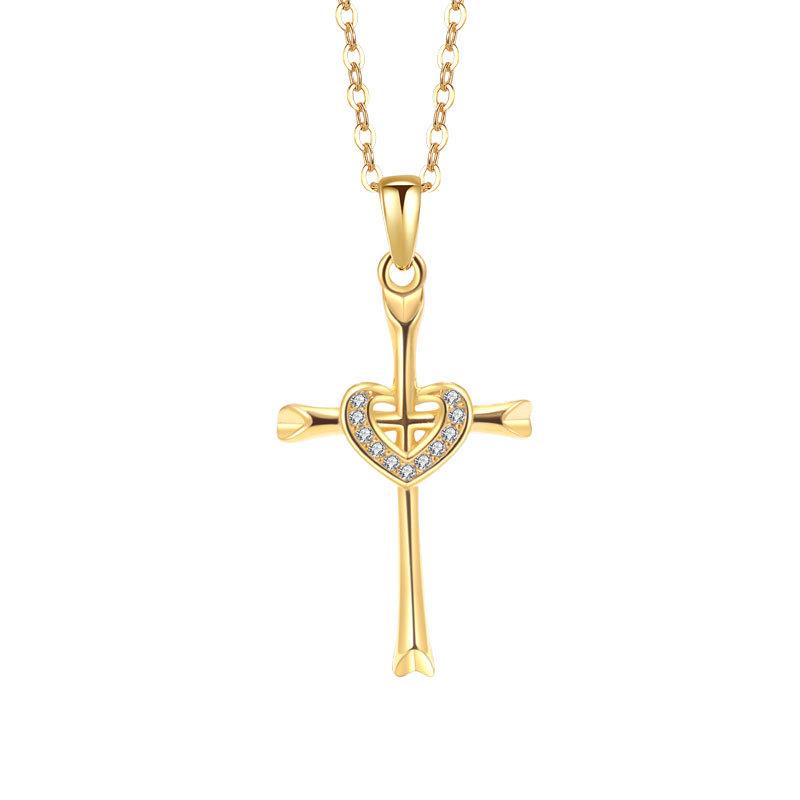 Heart Cross Zircon Pendant Necklace Delicate Clavicle Chain Fashionable Women Jewelry Accessory