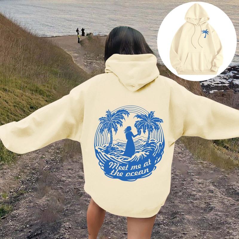 Women's Palm Tree Graphic Hoodies Meet Me At The Ocean Letter Print Pullover Hoodies Long Sleeved Female Streetwear Hoodie