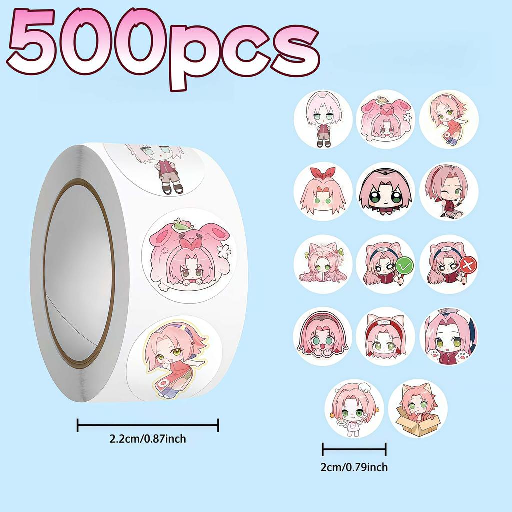 500Pcs Naruto Sakura Haruno Chibi Sticker Roll, Round Cute Pink Anime Character Decals for DIY, Laptop & Gift Decor