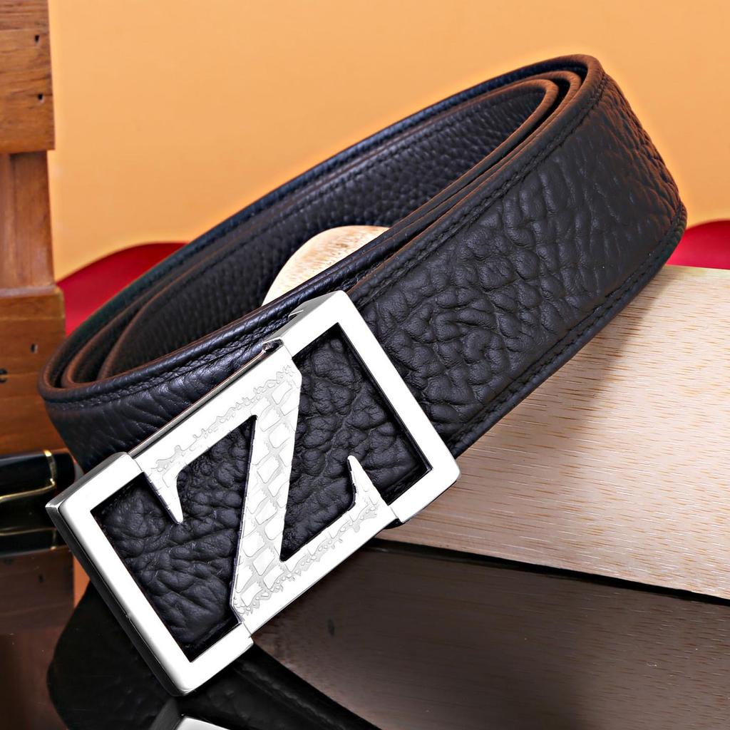 Men's Z Letter Business Casual Buffalo Leather Belt with Stainless Steel Buckle
