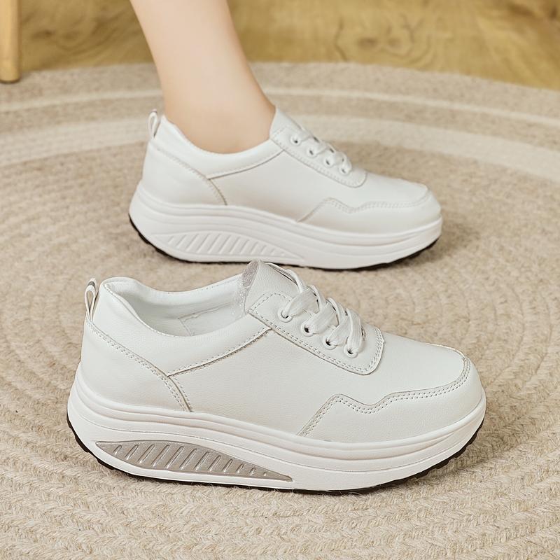 Women's Hole Sneakers Height Increase White Leather Platform Casual Summer Thick Sole Elevator Shake Shoes
