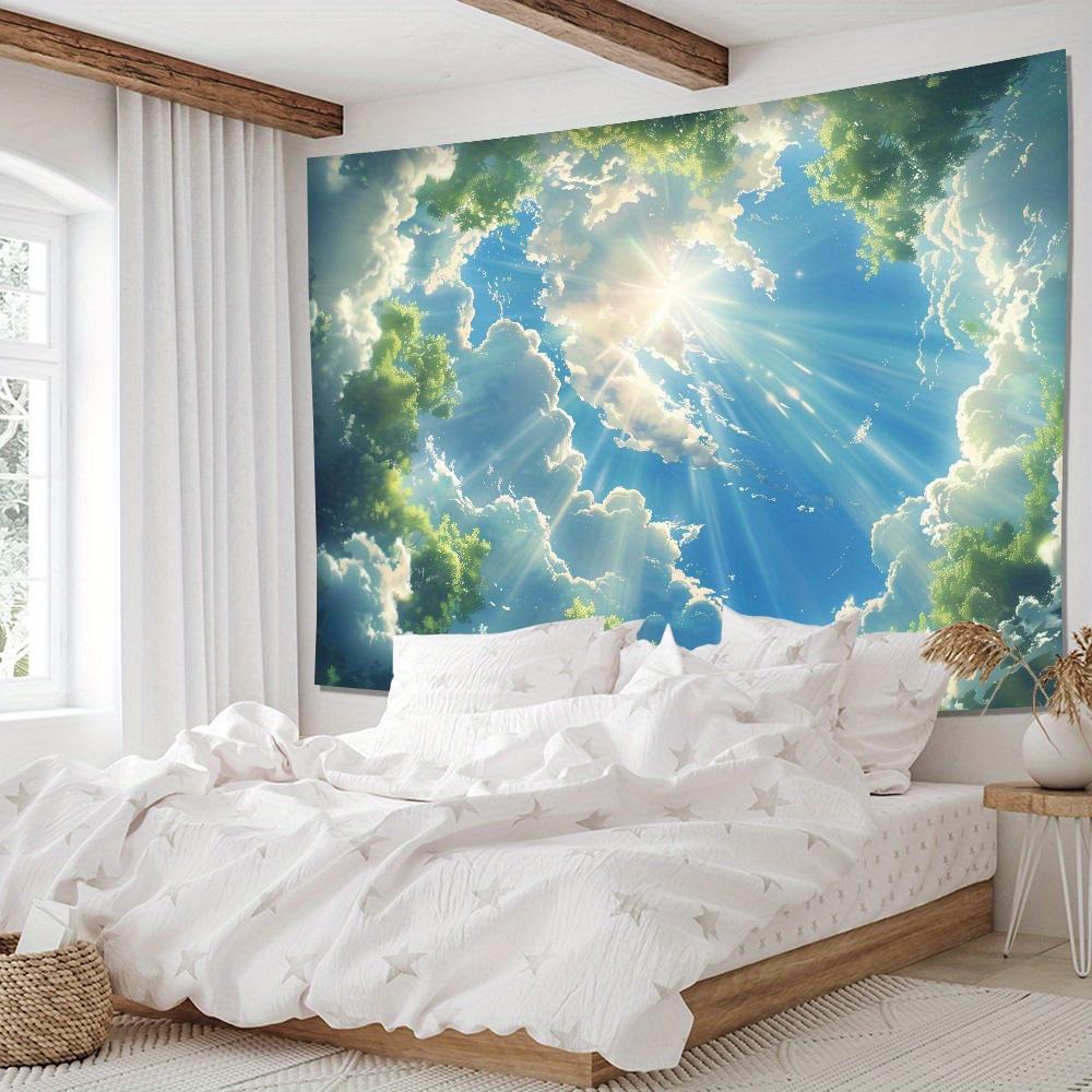 1pc Sunny Clouds Landscape Tapestry Serene Sky Design with Lush Green Clouds Golden Sun Rays Polyester Satin Fabric Wall Ha