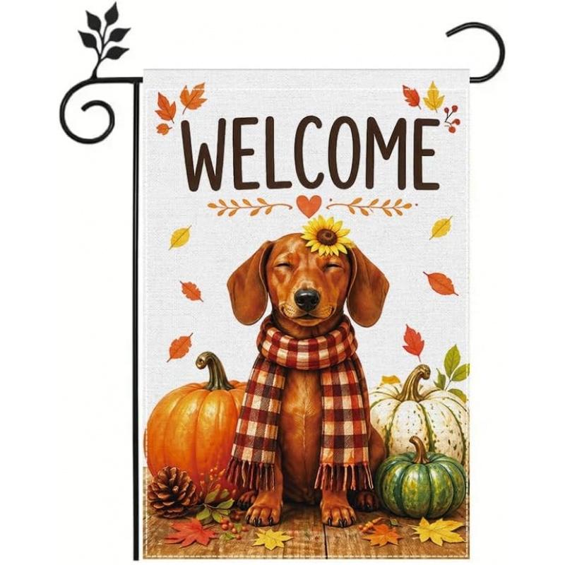 Fall Garden Flag , Welcome Garden Flag with Cute Dog Pumpkin Autumn Leaves, Double Sided Outdoor Yard Flag for Lawn Porch Farmhouse Decor