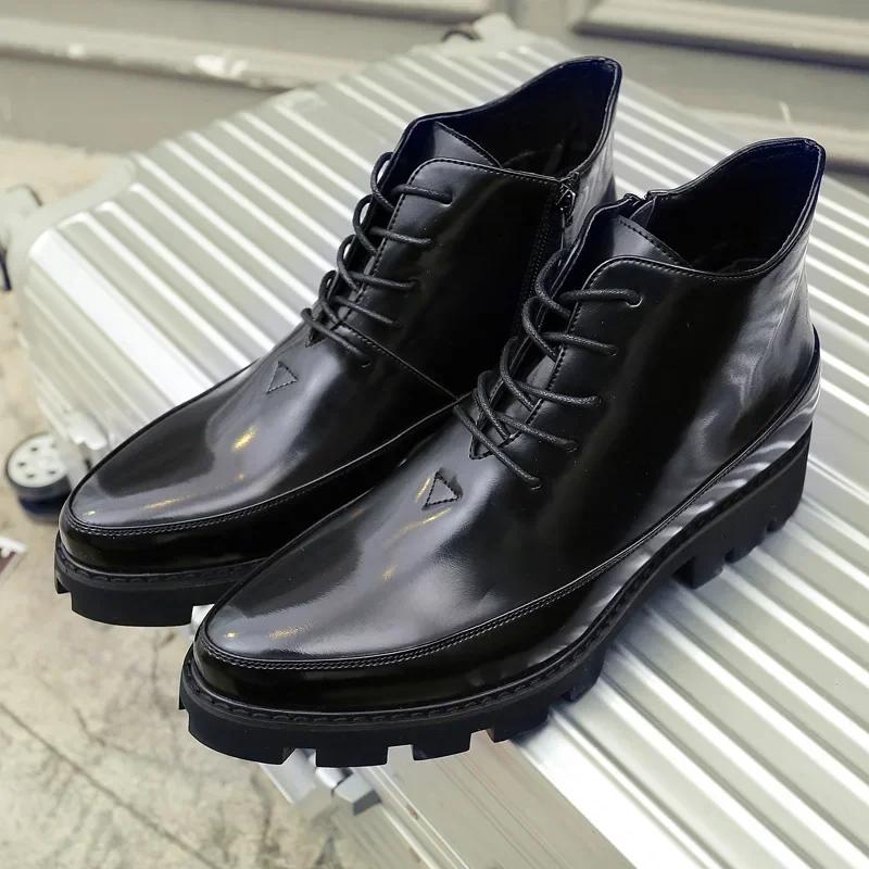 2024 Patent Leather Glossy High Top Pointy English Style Inside Heightening Men's Shoes Zipper Rivets Casual Leather Shoes
