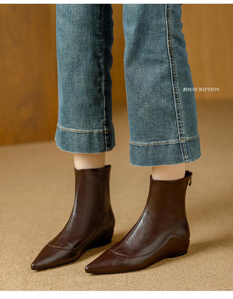 French Stretch Slimming Boots: Autumn/Winter Fleece-lined, Retro Style, Soft Leather, Inner Height Increase, Back Zipper Short Boots