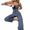 Women Pajamas 2 Pcs/Set Pants Top Suit Low-cut V Neck Sleeveless Solid Color Shirring Drawstring High Sleepwear Set Elastic Waist Lace Summer Homewear