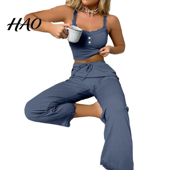 Women Pajamas 2 Pcs/Set Pants Top Suit Low-cut V Neck Sleeveless Solid Color Shirring Drawstring High Sleepwear Set Elastic Waist Lace Summer Homewear