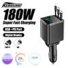 180W Car Charger PD30W USB 3.1A Phone Charger Digital Display Fast Charging Retractable Cable Adapter Auto Accessories