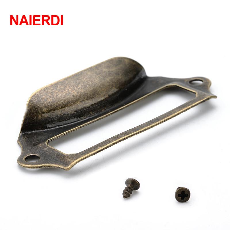 NAIERDI 5pcs Antique Brass Metal Label Pull Frame Handle File Name Card Holder For Furniture Cabinet Drawer Box Case Hardware