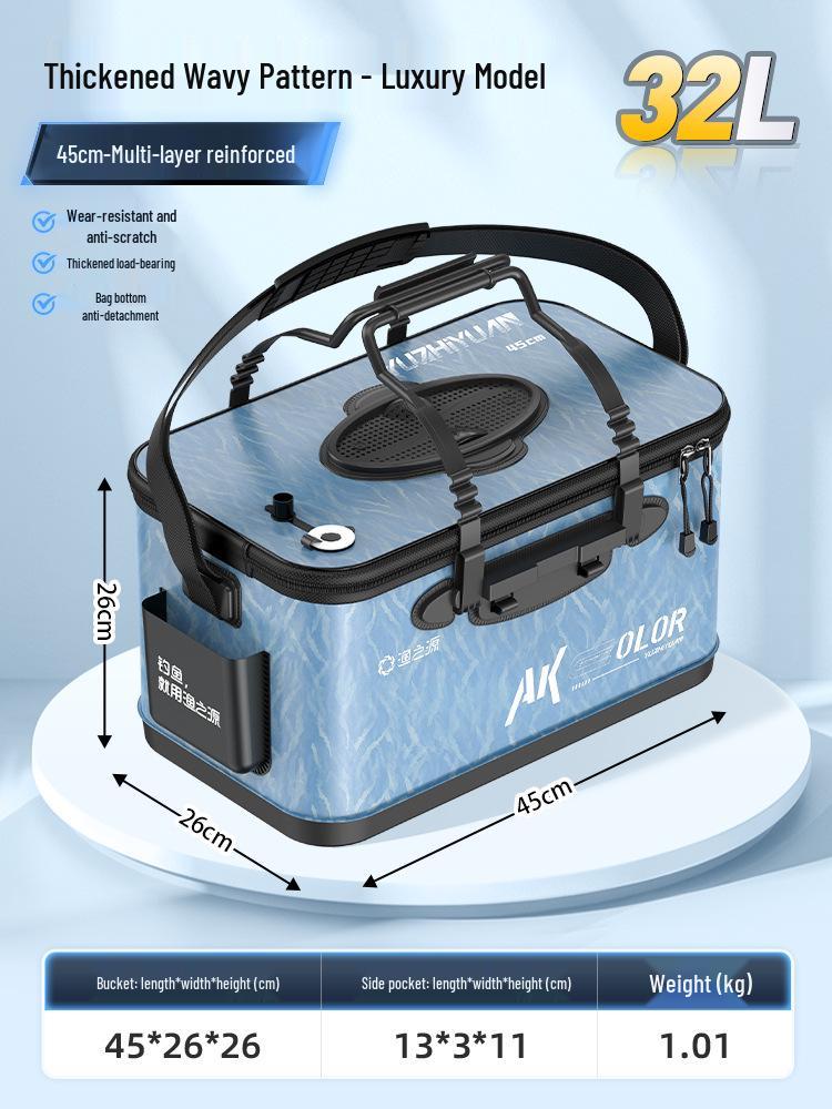 Pogrubione wiadro na żywe ryby z koszykiem na przynęty i ochraniaczem na ryby