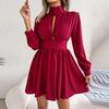 2025 Women Dress High Collar Hollow Out Long Sleeve Tight High Waist A-line Loose Hem Solid Color Commute Party Mini Dress