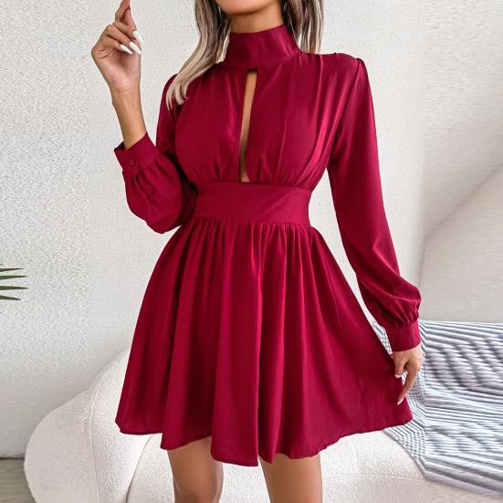 2025 Women Dress High Collar Hollow Out Long Sleeve Tight High Waist A-line Loose Hem Solid Color Commute Party Mini Dress