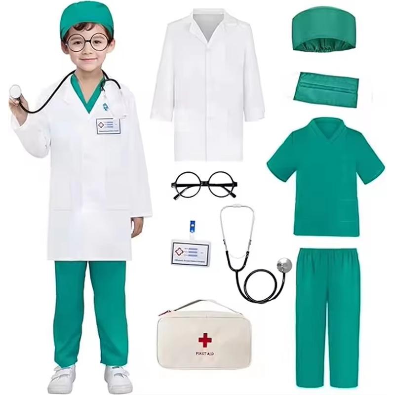 9pz Uniformi da Infermiere per Bambini e Bambine Camici Chirurgici Bianchi da Medico con Stetoscopio Costume per Festa di Carnevale dei Bambini