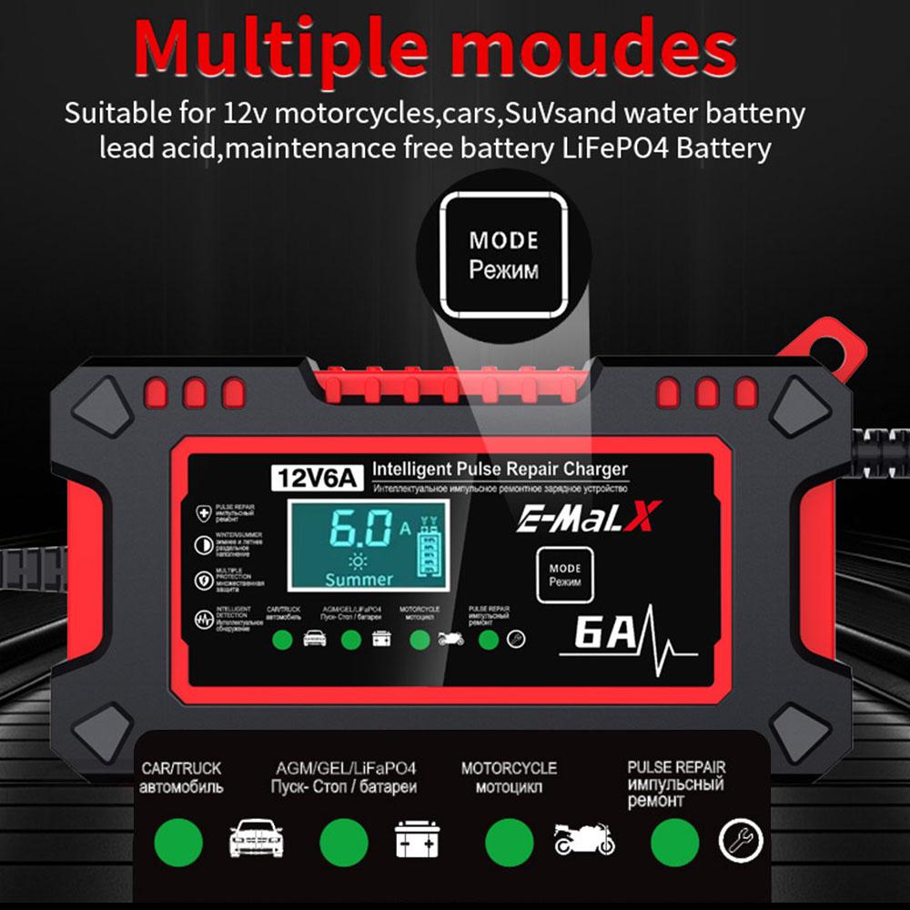 Voltage Temperature Detection 12V 6A Car Battery Charger Multiple Protection Digital LCD Display For Car SUV Motorcycle Truck Intelligent Pulse Repair