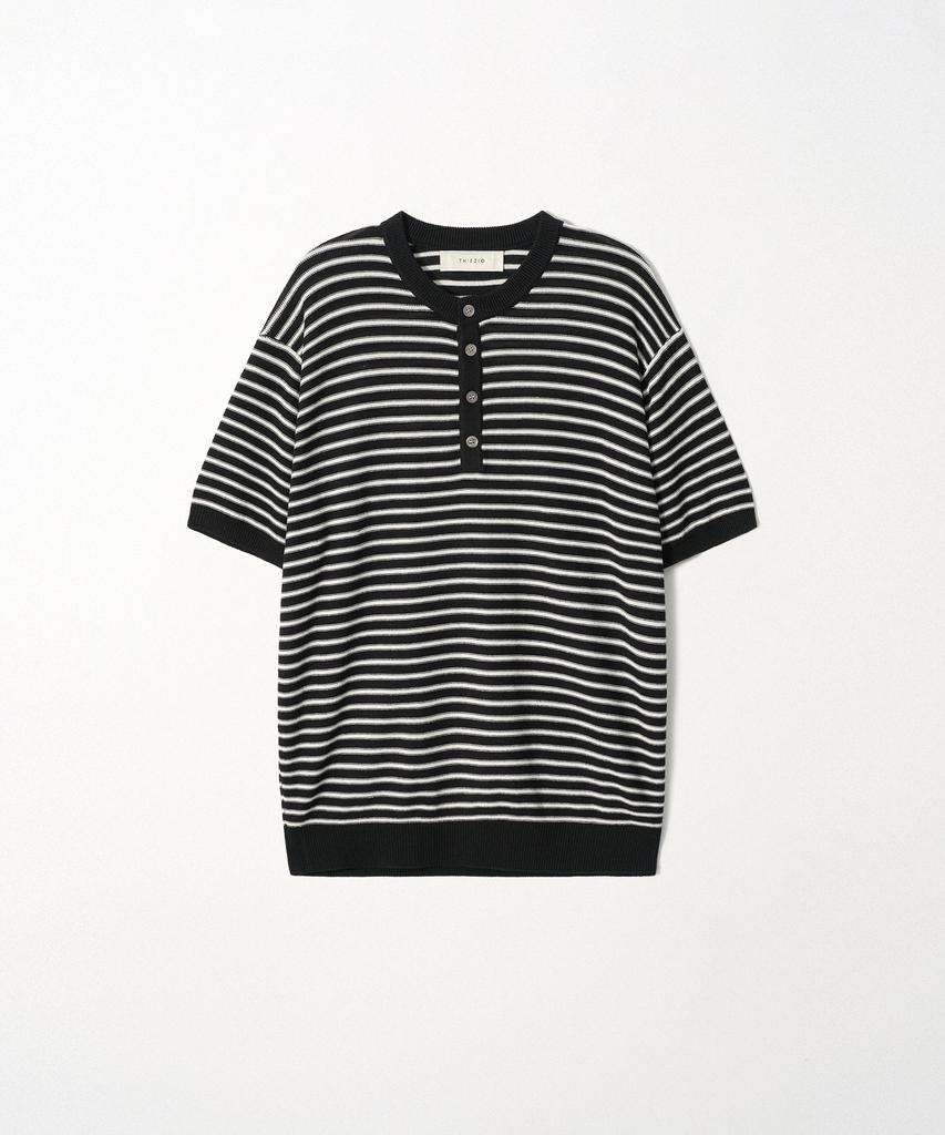 EZIO Linen Stripe Henley Knit_Black