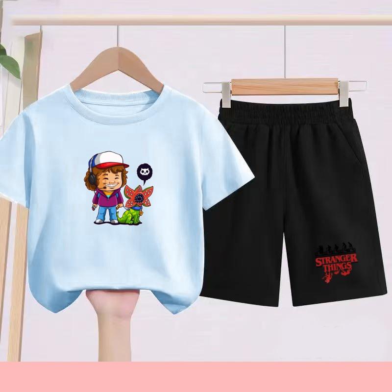 

Children s Summer Set with Cartoon Monster Patterns - Boys and Girls Sports T-shirts and Casual Short-sleeved Shorts Sets 100