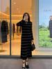 Women's French Hepburn Color Block Striped Knit Dress - Round Neck, Relaxed Fit, Long Skirt, Spring/Autumn Sweater.