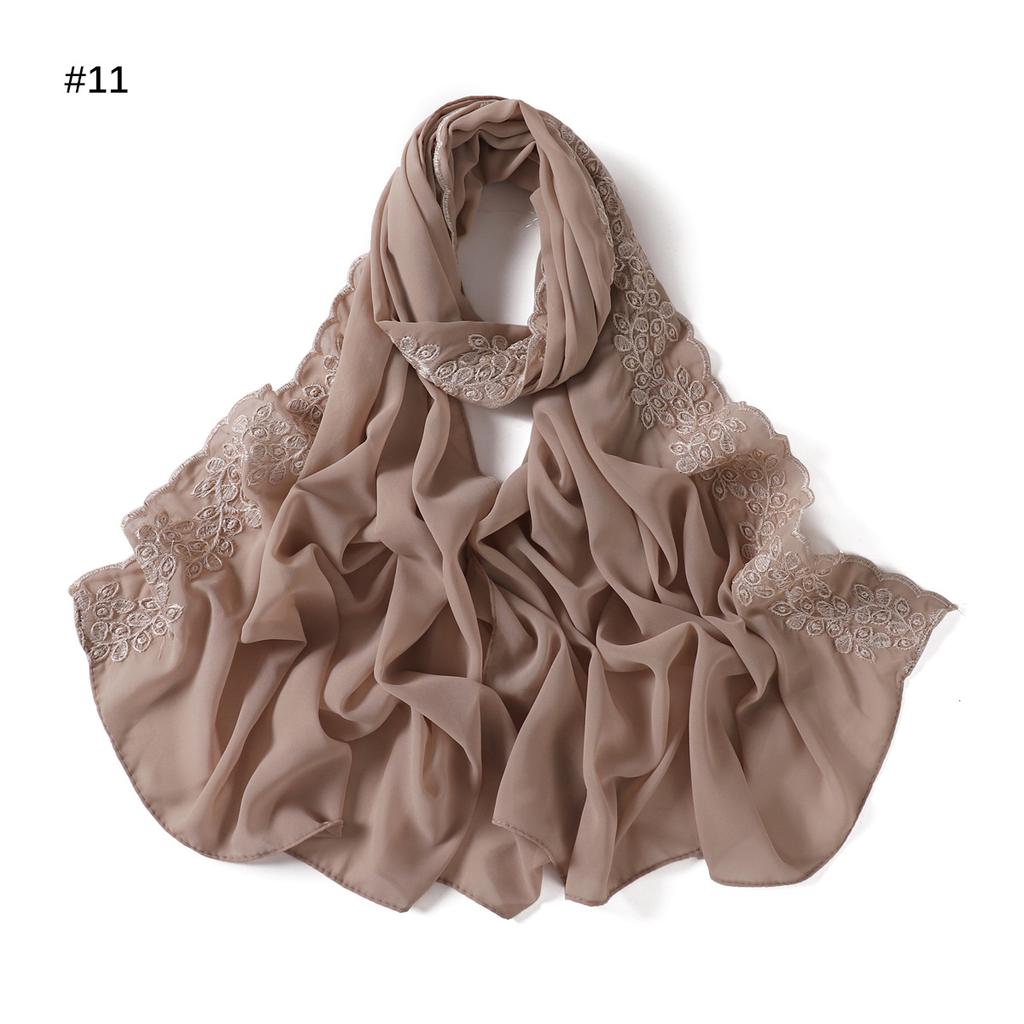 Embroidery Lace Chiffon Hijabs For Women Vine Heavy Pearl Industry Edge Long Scarf Light Scarf Headscarf Shawl Turban Ramadan