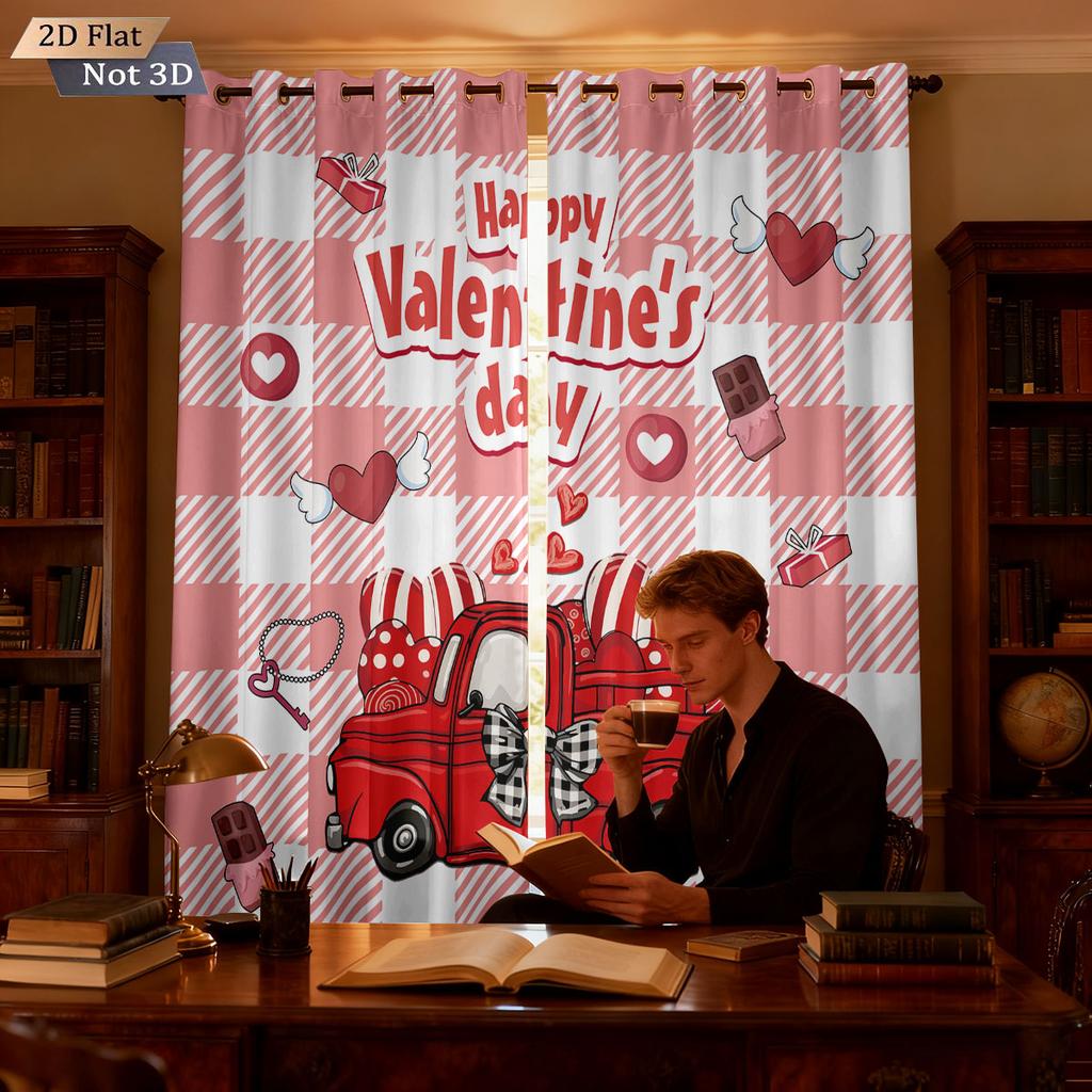 2pc Valentine's Day Romantic Love Car Print Shading Perforated Curtains Multi Size Living Room Insulation Festival Decoration