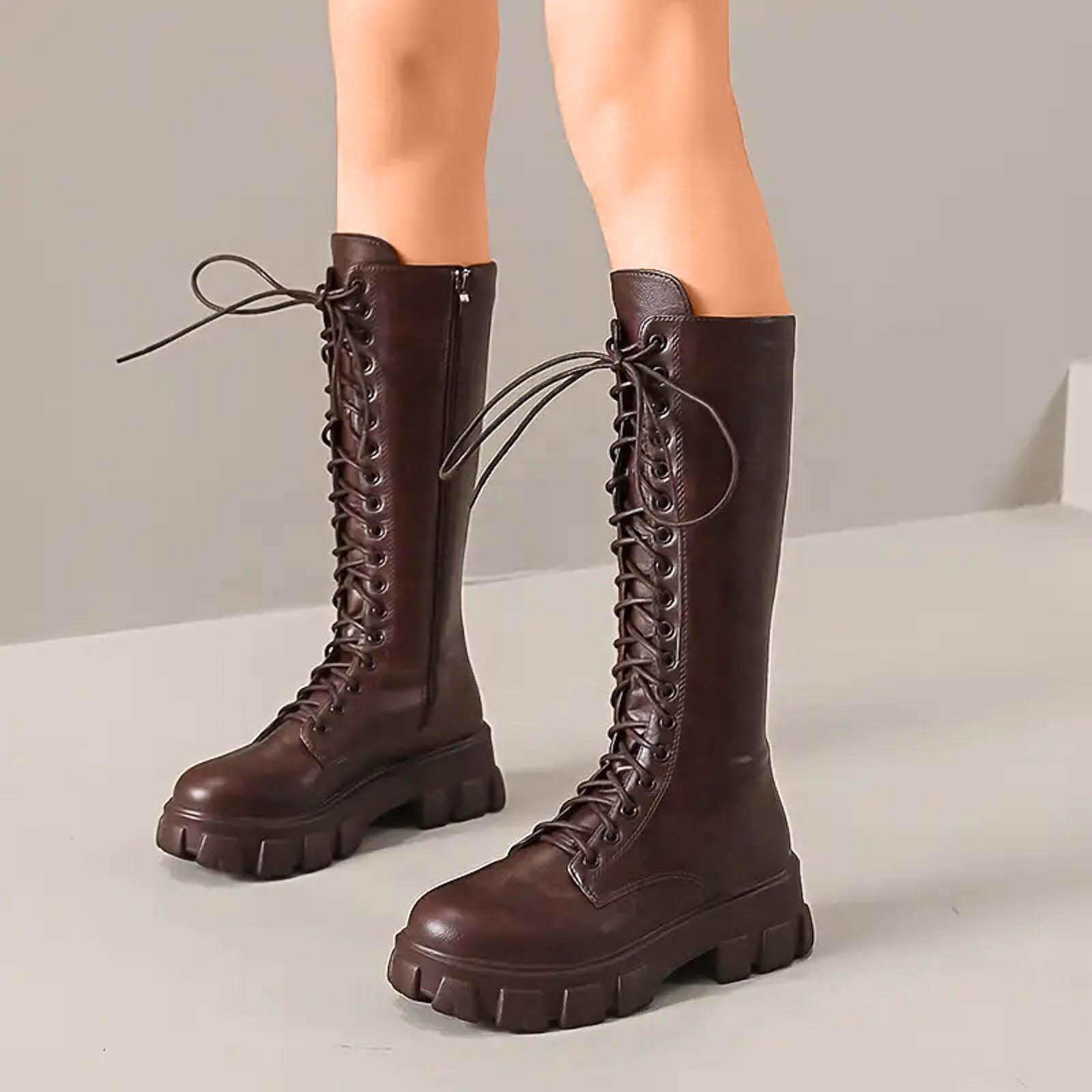 

Thick Soled Round Toed Women s Lace Up Long Boots Fashionable Leather Sleeve Side Dark Boots for Women Wide Calf with Heel 36 коричневый