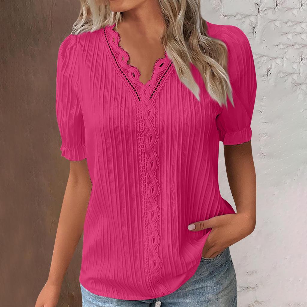 Elegante Camicetta da Donna Camicia Scollo a V Patchwork di Pizzo Manica Corta Camicie per Donna Estate Top da Donna