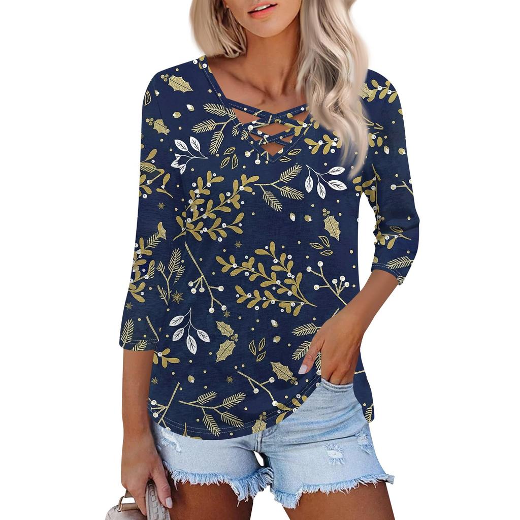 Moda Donna Maglietta Larga a V Incrociata Manica Sette Ottavi Stampa Floreale Vintage Top Casual