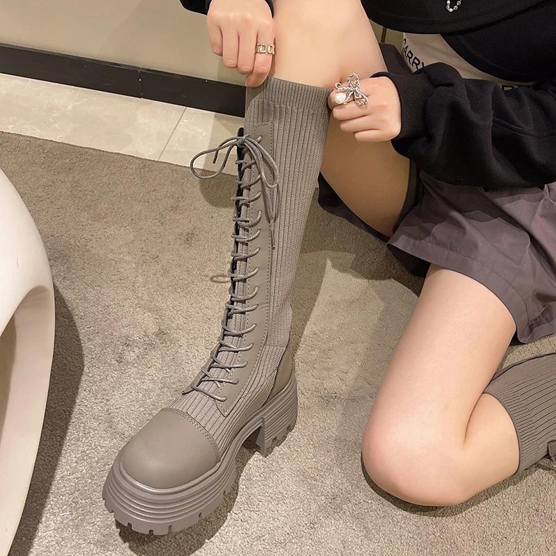 Chunky Platform Knitted Long Boots Women  Autumn Thick Bottom Warm Sock Shoes Woman Lace Up Knee High