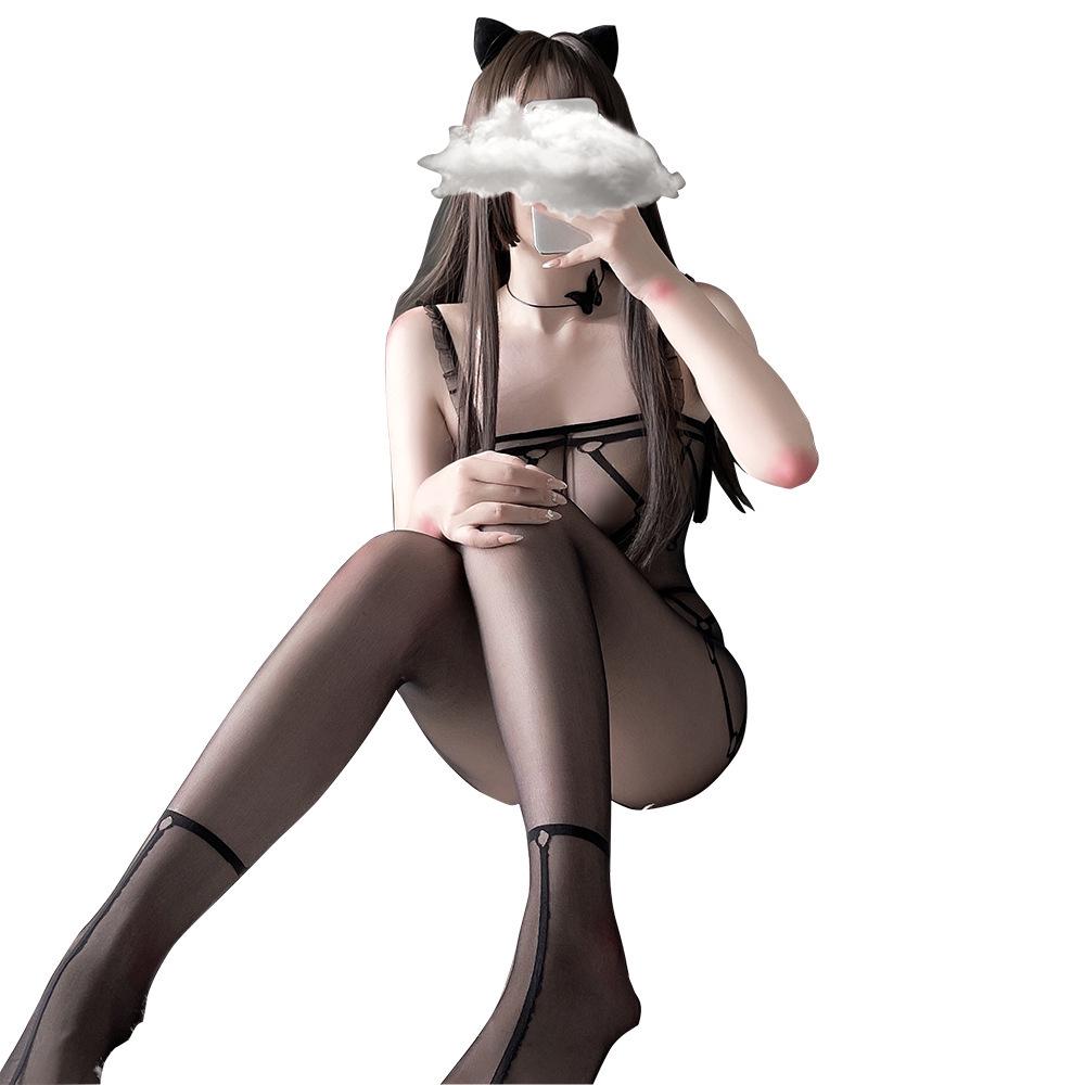 Damen Transparent Schwarz Offener Schritt Strumpfhose Body Dessous Jumpsuit