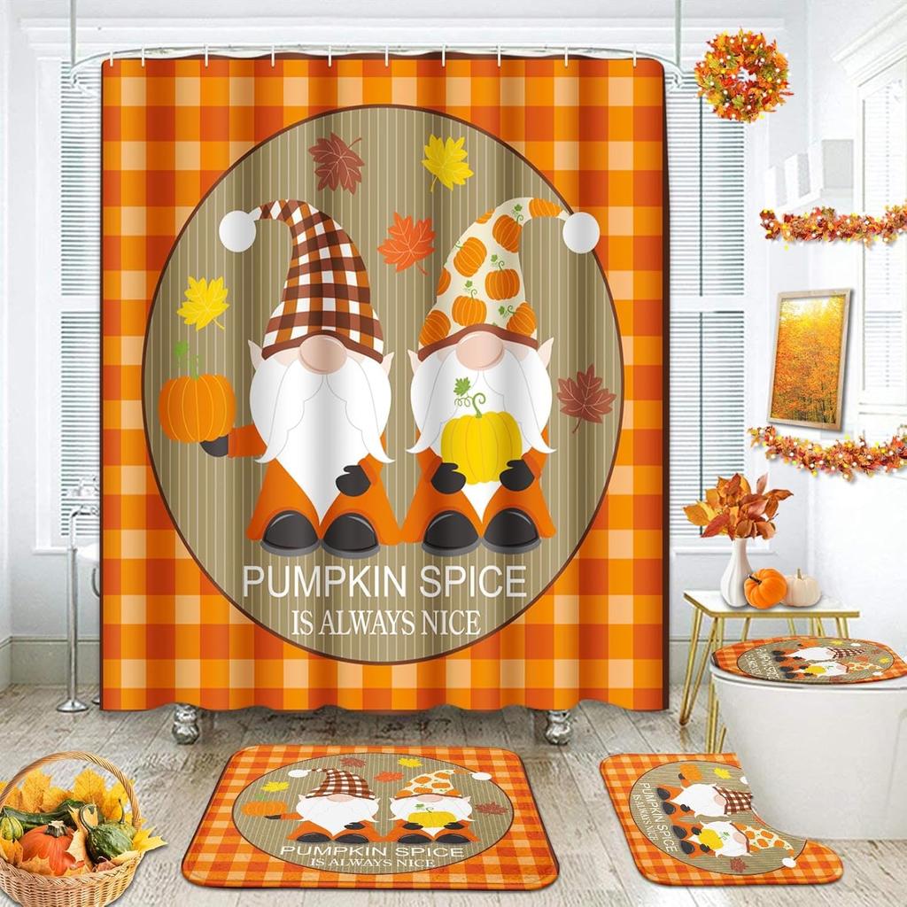 Arttown Fall Shower Curtain Set With Toilet Lid Cover And Non-Slip Rugs, Gnomes Autumn Pumpkins Teal Truck Thanksgiving Harvest