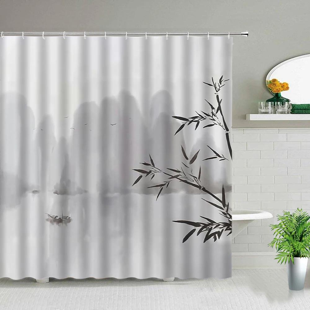 Bamboo Ink Painting Bathroom Shower Curtains Polyester Fabric Bath Screens Bathtub Decor Waterproof Hanging Curtain With Hooks