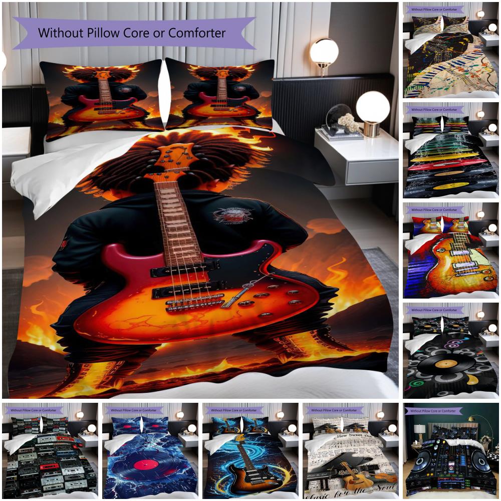 1PC Music, Guitar Theme Bedding Quilt Set Quilt Cover Pillowcase Home Decoration Birthday Gift (1 * Duvet Cover + 2* Pillowcase, Without Core)