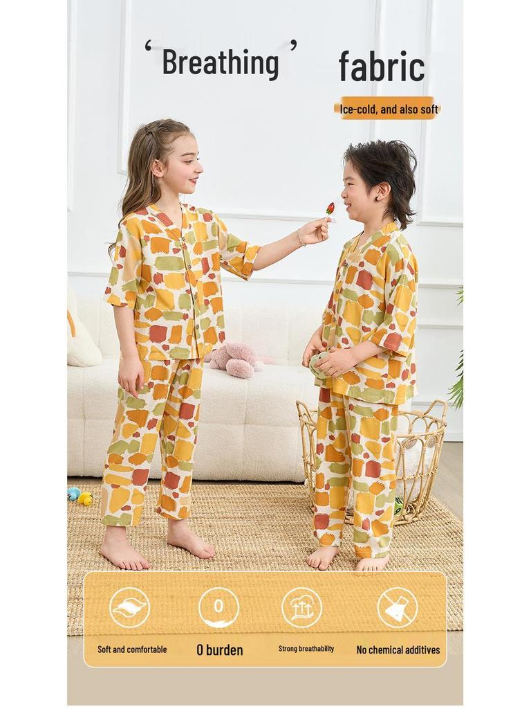 Children's Cotton Silk Pajama Set - Medium Sleeve, Long Pants, Cartoon Print, Thin, for Boys, Girls, and Babies.