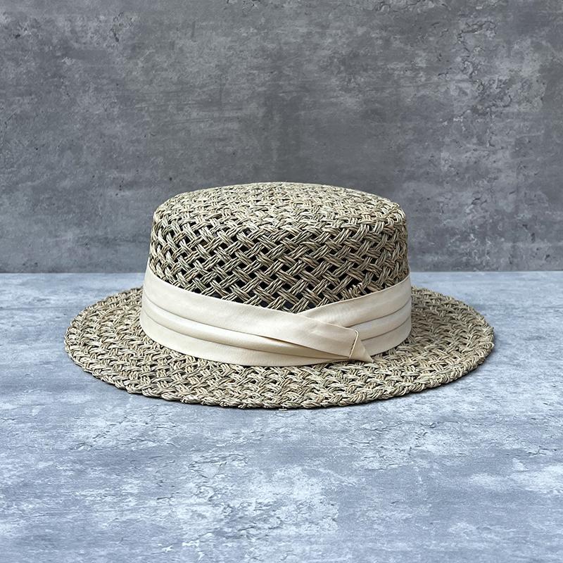 Summer Retro Salty Grass Woven Flat Top Wide Brim Top Hat Men'S And Women'S Sunshade Holiday Beach Straw Hat