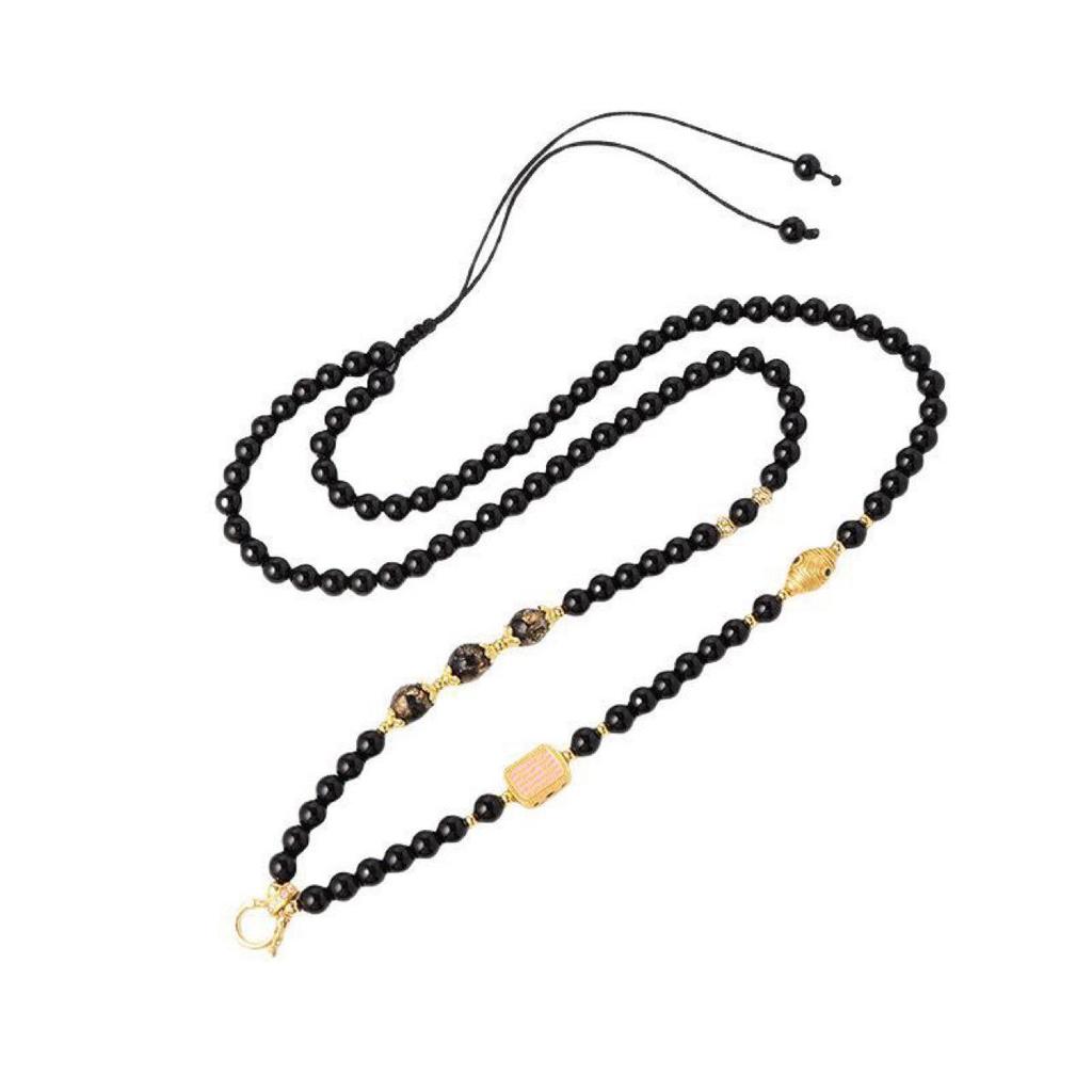 Autumn/Winter 6mm Black Agate Pendant Lanyard with Quick Release, Rune Design, and Thai Buddha Amulet for Sweater Chains