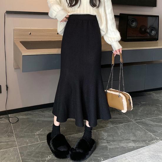 Women Fishtail Skirt High Waist Hip Wrapped Midi Skirt Solid Color Slim Fit Autumn Winter Knitting A-Line Skirt