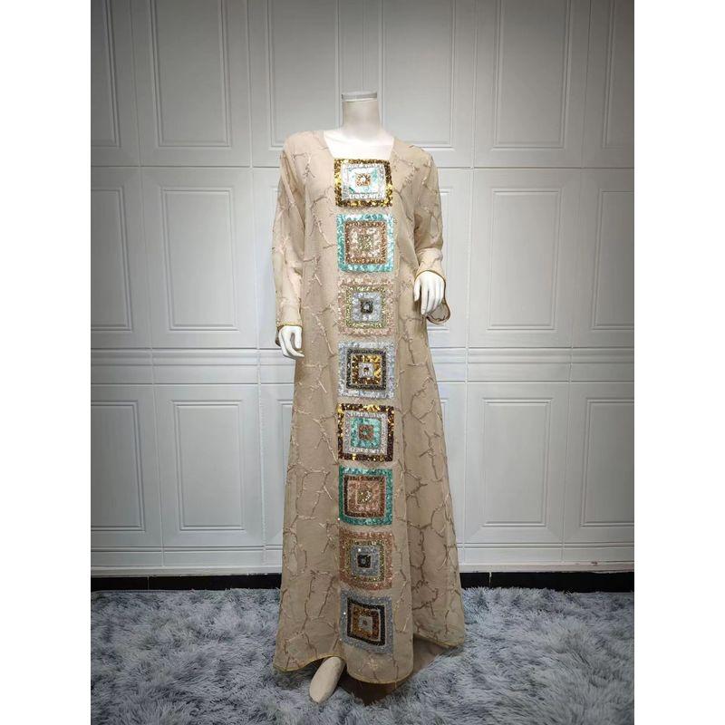 

Temperament Square Collar Sequin Embroidered Loose Dress Party Dress Sequin Embroidered Dress Apricot 2XL