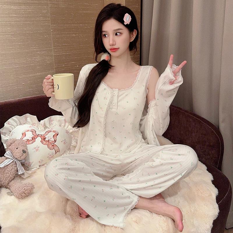 Oh Mi Da Spring and Autumn Long Sleeve Pajamas Women's Sexy Suspender Three-piece Set with Chest Pad Floral High-end Homewear Set
