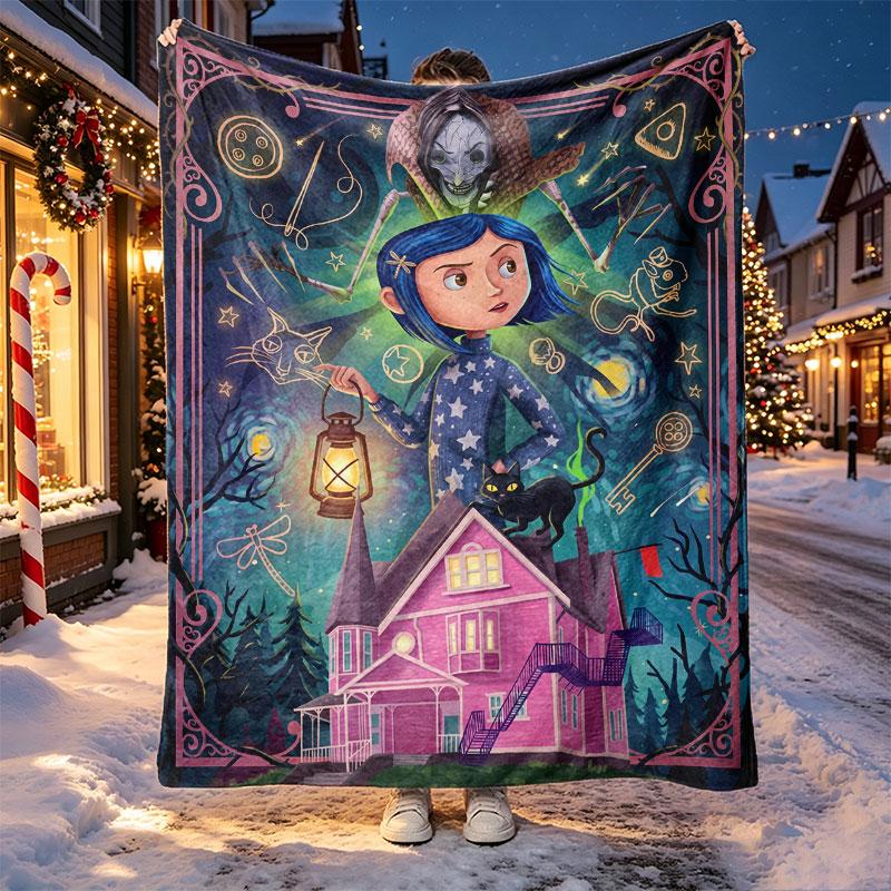 Coraline Pattern Blanket for Home Decoration, Bed, Sofa, Car Travel, Camping, Suitable for All Seasons, Birthday Christmas Gift